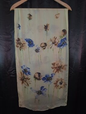 Ann Taylor Floral Watercolor Silk Scarf in Cream, Blue & Brown Boho Whimsical